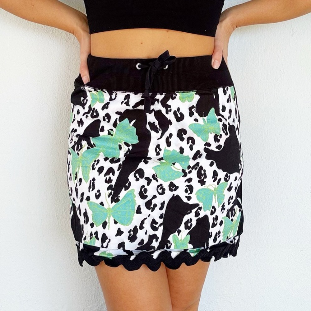 Nilla Shields mint butterfly black leopard cotton drawstring mini skirt small